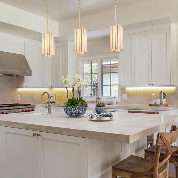 Modern Gold 1-Light Drum Pendant Light with Stained Glass Shade Cylinder Geometric Island Foyer Hanging Light