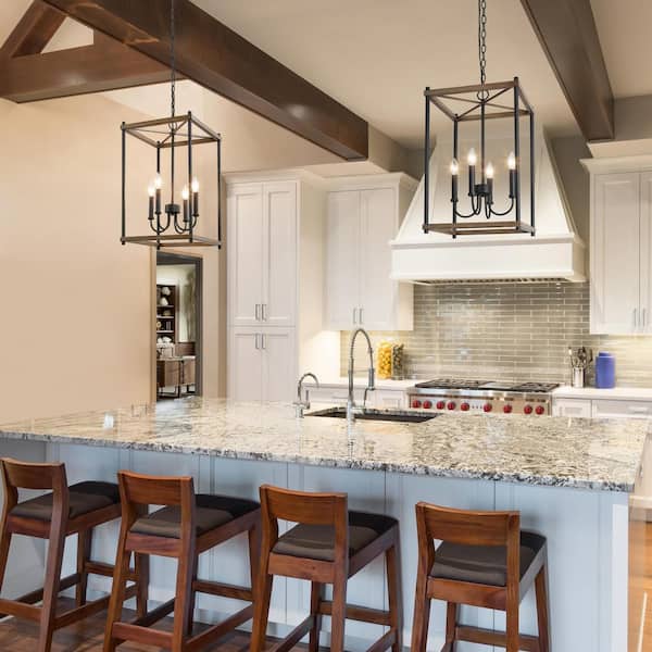 Modern Farmhouse 4-Light Black Island Chandelier with Faux Wood Accent Candlestick Chandelier with Open Cage for Foyer