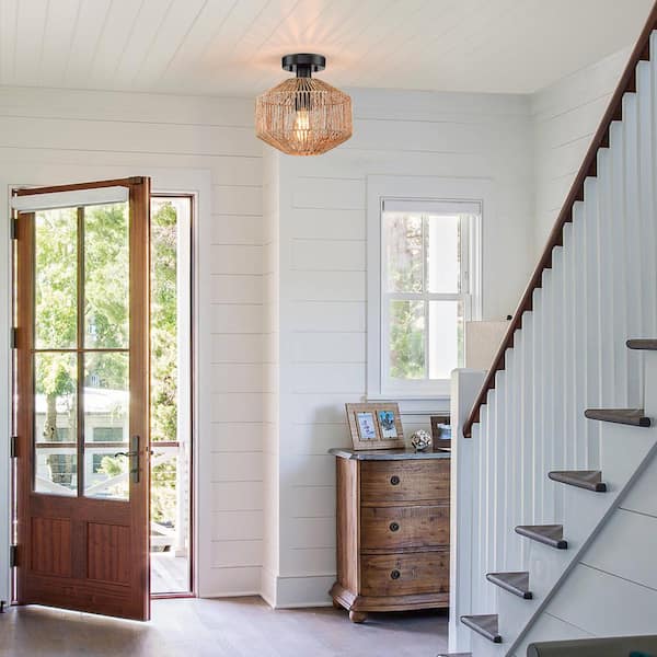 10.2 in. 1-Light Bohemian Natural Jute Rope Semi-Flush Mount Ceiling Light with Black Hardware