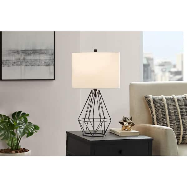 Winfield 23 in. 1-Light Black Indoor Geometric Metal Table Lamp with Fabric Lamp Shade