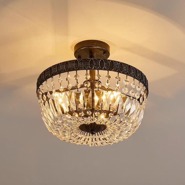 14 in. 3-Light Brushed Black Semi Flush Mount Crystal Chandelier Ceiling Light Fixture, No Bulbs Included