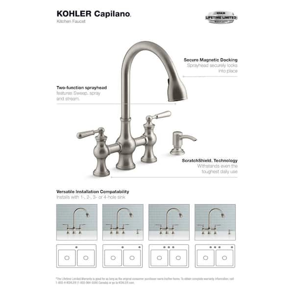 Capilano 2-Handle Bridge Farmhouse Pull-Down Kitchen Faucet with Soap Dispenser and Sweep Spray in Vibrant Stainless