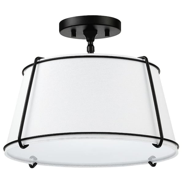 Celina 15 in. 2-Light White Fabric Semi-Flush Mount Light With Black Hardware