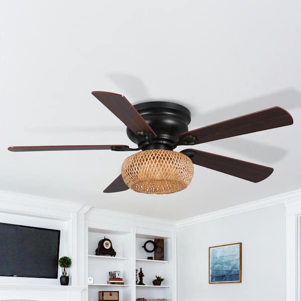 48 in. Farmhouse Bamboo Flush Mount Matte Black Ceiling Fan with Remote Control and Light Kit