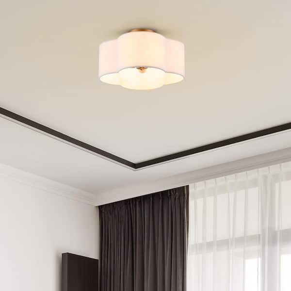 13.5 in. 4-Light Brushed Gold Semi-Flush Mount with White Fabric Drum Shade