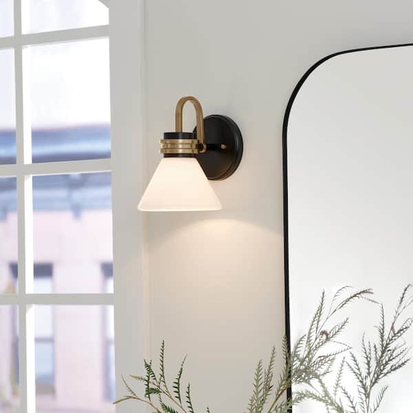 Farum 9.5 in. 1-Light Black with Champagne Bronze Bathroom Wall Sconce Light with Opal Glass Shade