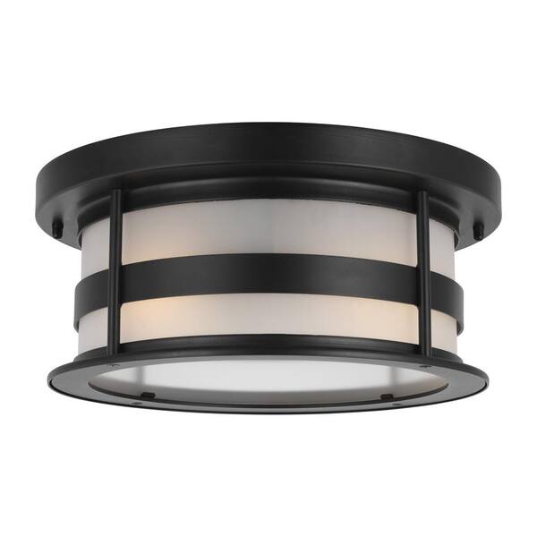 Wilburn 13 in. 2-Light Black Outdoor Urban Craftsman Flush Mount Light with Satin Etched Glass Shade