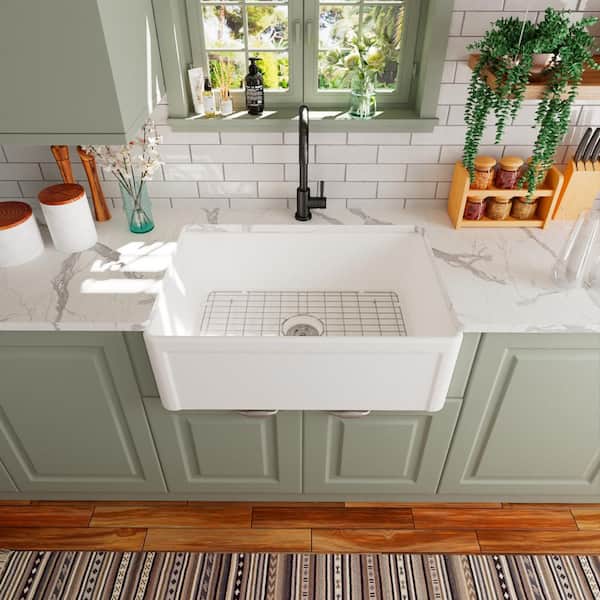 Harvest 30 in. Farmhouse Apron Front Single Bowl Kitchen Sink in White Ceramic, Grid and Strainer Included