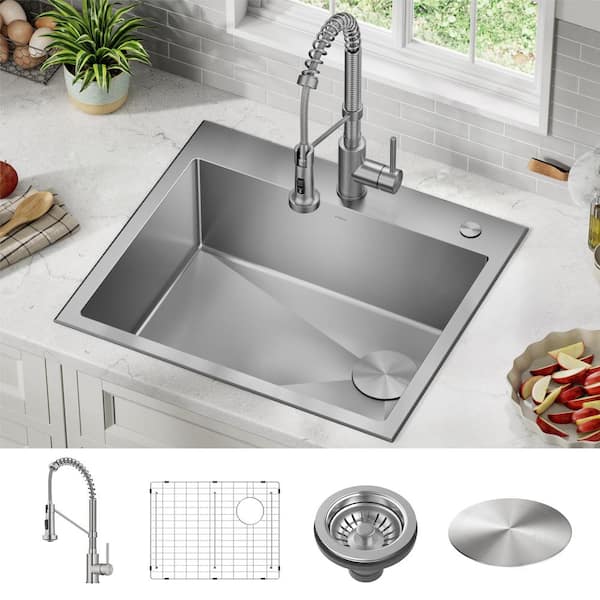 Loften Stainless Steel 25in. Single Bowl Drop-in/Undermount Kitchen Sink with Pull Down Faucet in Spot Free Stainless