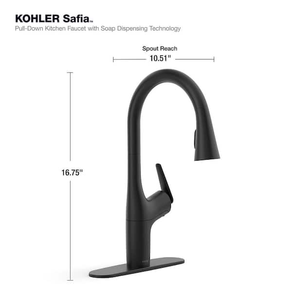 Safia 1-Handle Pull Down Sprayer Kitchen Faucet with Integrated Soap Dispenser in Matte Black