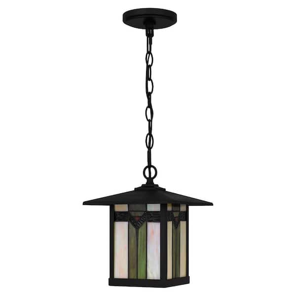 Sumner 1-Light Matte Black Outdoor Pendant Light with Tiffany Glass Shade