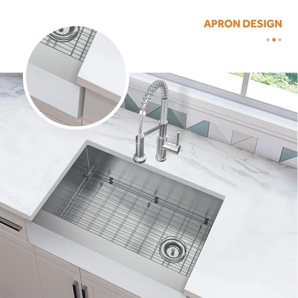 Professional 27 in All-in-One Farmhouse/Apron-Front 16G Stainless Steel Single Bowl Kitchen Sink with Spring Neck Faucet