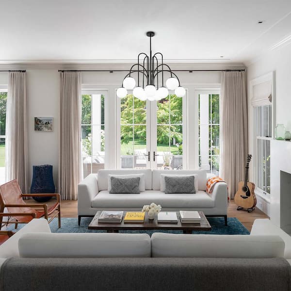 Erik 10-Light Black Unique Modern Elbow Sputnik Chandelier with Frosted White Glass Globe Bubble