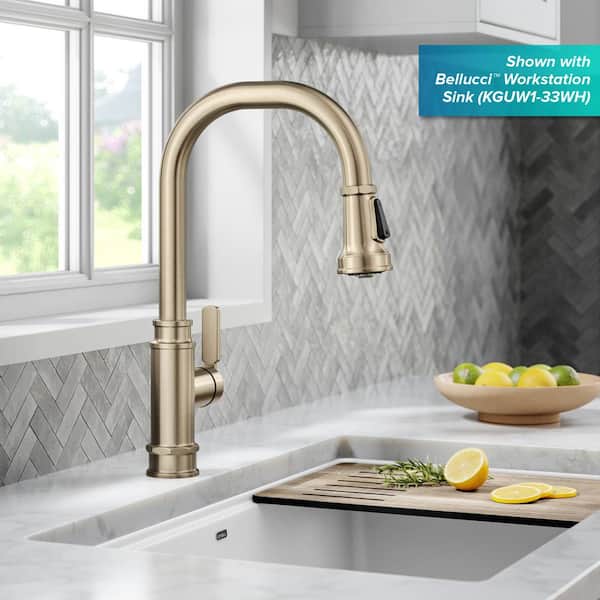Allyn Transitional Industrial Pull-Down Single Handle Kitchen Faucet in Spot-Free Antique Champagne Bronze