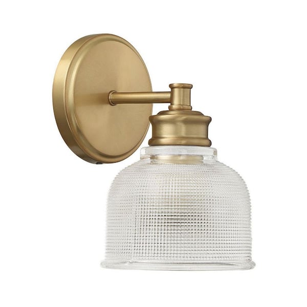 Meridian 5 in. x 9.5 in. 1-Light Natural Brass Traditional Wall Sconce with Textured Glass Shade