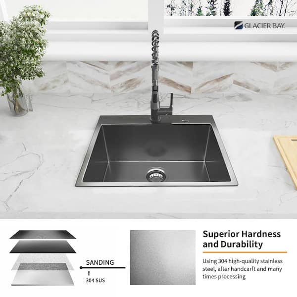 Gunmetal Black Stainless Steel 25 in. 18 Gauge Single Bowl Dual Mount Kitchen Sink with Black Spring Neck Faucet