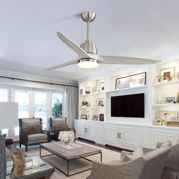 56 in. Indoor/Outdoor Wood Sand Nickel Ceiling Fan with Lights Remote Control Dimmable Light Reversible DC Motor