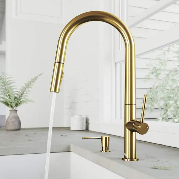 Greenwich Single Handle Pull-Down Sprayer Kitchen Faucet Set with Soap Dispenser in Matte Brushed Gold