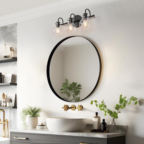22 in. 3-Light Modern Black Bathroom Vanity Light Farmhouse Wall Sconce with Clear Glass Globe Shades