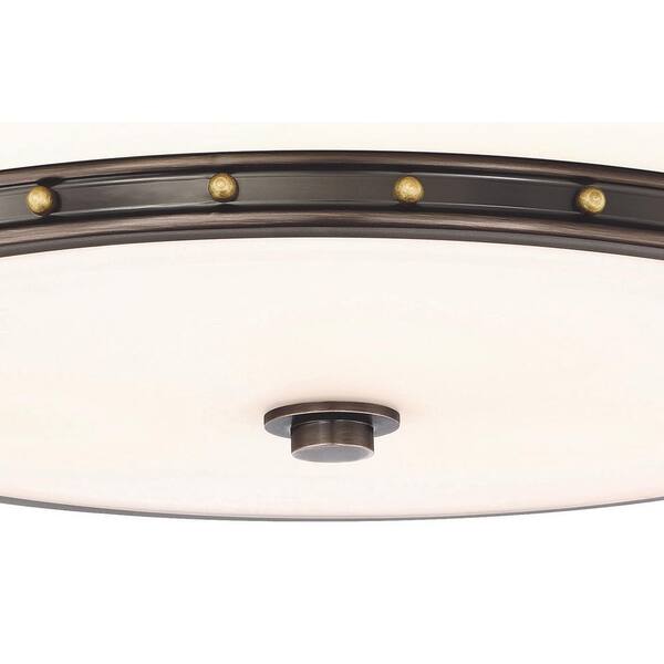 Lavery 15.5 in. 1-Light Harvard Court Bronze LED Flush Mount with Etched Opal Glass Shade