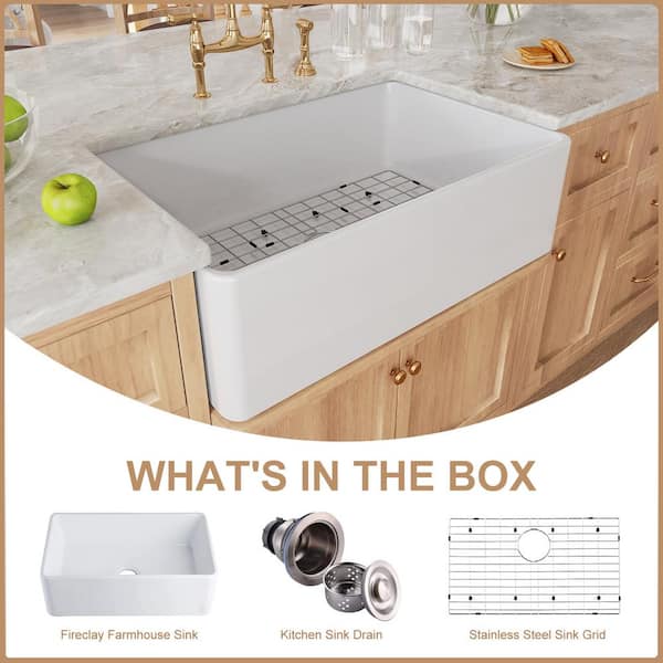 White Fireclay 30 in. x 20 in. Single Bowl Farmhouse Apron Front Kitchen Sink with Bottom Grid and Strainer