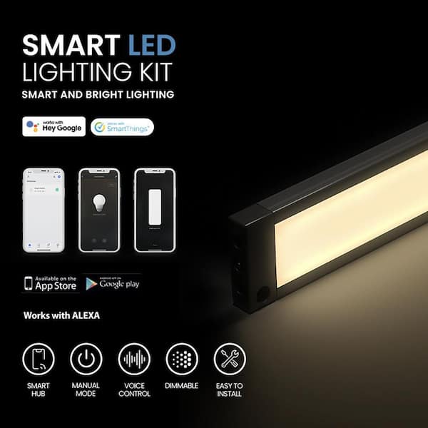Works with Alexa, Google 3 Pack 12 inch Black Smart Dimmable LED Under Cabinet Lighting Kit - Warm White (3000K)