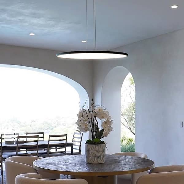 Salm 48.55-Watt ETL Certified Integrated LED Black Height Adjustable Chandelier with 24 in. Wide LED Disk Pendant