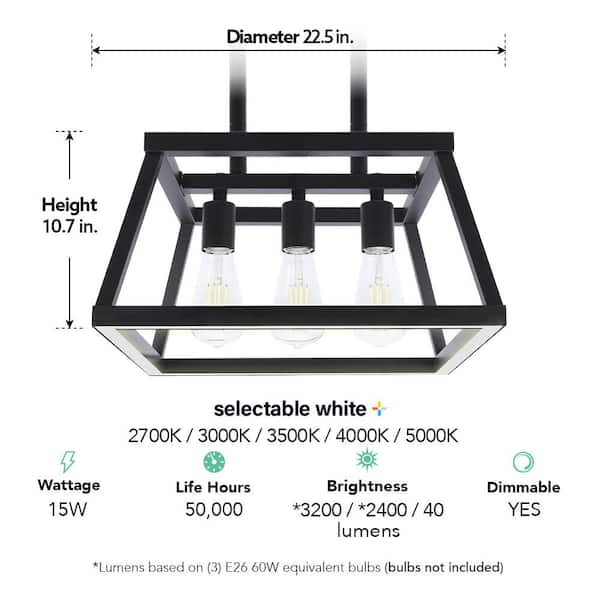 Katalyst 60-Watt 3-Light Matte Black Modern Adjustable CCT and 3-Light Modes Integrated LED Chandelier Light