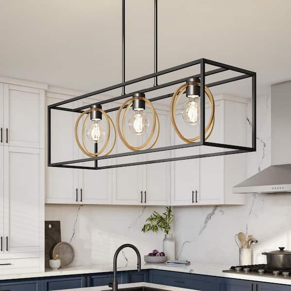 Kew Gardens 60-Watt 3-Light Matte Black and Old Satin Brass Linear Pendant