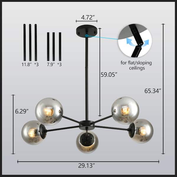 5-Light Black Chandeliers Light Fixture Hanging Dining Room Light Ceiling Pendant Lighting Glass Globes Lamp