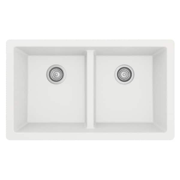 QU-810 Quartz/Granite 32 in. Double Bowl 50/50 Undermount Kitchen Sink in White with Bottom Grid and Strainer