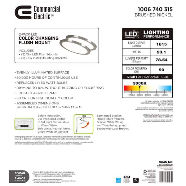 15 in. Brushed Nickel New Ultra-Low Profile Integrated LED Flush Mount 5CCT (2-Pack)