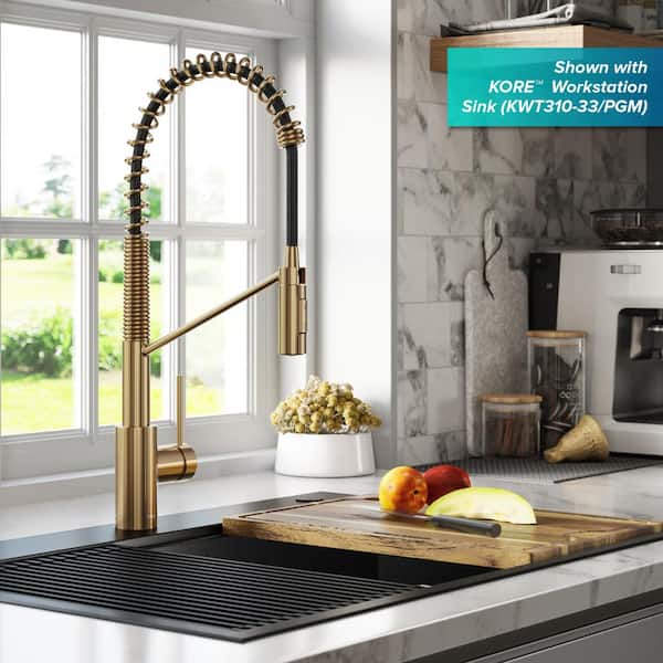 Oletto Commercial Style Single Handle Pull Down Kitchen Faucet in Brushed Brass