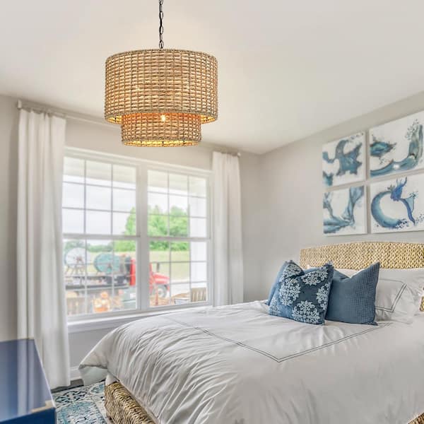 Seymour 20 in. 4-Light Black Canopy Natural Rattan Tiered Drum Pendant Chandelier Light