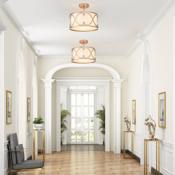 13 in. Transitional Semi-Flush Mount Lighting, 3-light Modern Farmhouse Drum Shaded Ceiling Light with White Linen Shade