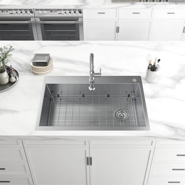 AIO Zero Radius Drop-In/Undermount 16G Stainless Steel 36 in. 2-Hole Single Bowl Kitchen Sink with Spring Neck Faucet
