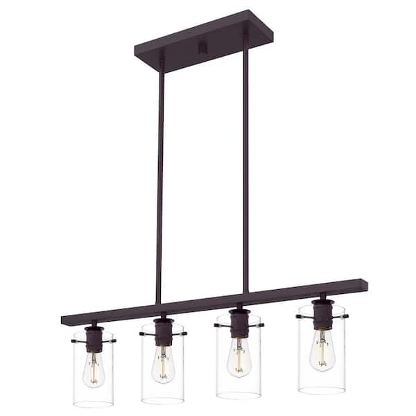 Regan 4-Light Espresso Industrial Linear Chandelier with Glass Shades, Industrial Linear Kitchen Pendant Light