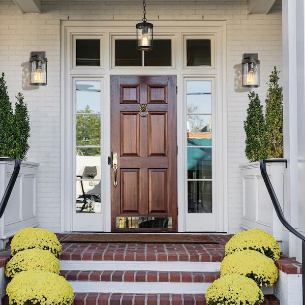 Modern Cylinder Outdoor Porch Pendant Light 1-Light Matte Black Farmhouse Patio Hanging Light with Water Glass Shade