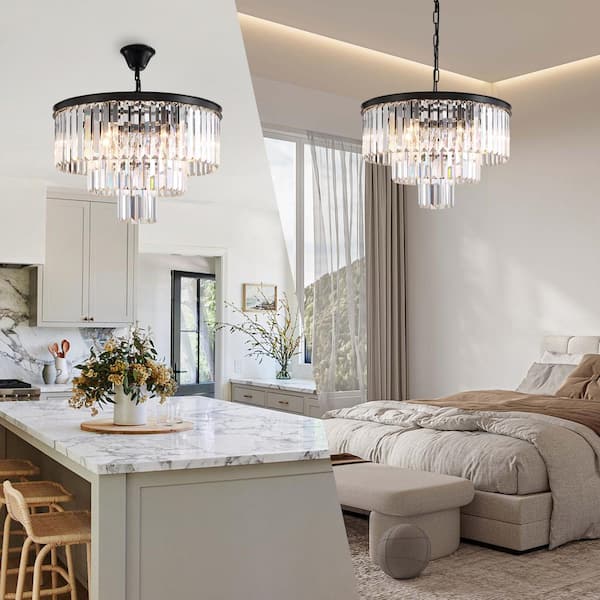 6-Lights Black Crystal Chandeliers Drum Chandeliers 20 in. Dimmable Ceiling Pendant Light for Dining Room Bedroom