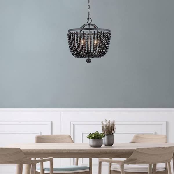 4-Light Black Beaded Chandelier Light Fixture with Hanging Beaded Shade