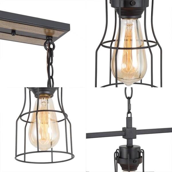 Modern Industrial Black Island Chandelier 5-Light Linear Large Hanging Pendant light with Geometric Metal Cage Shades