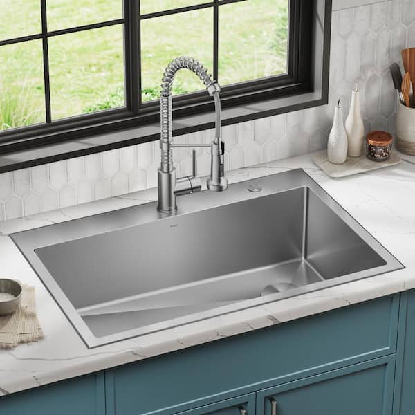 Loften Stainless Steel 33 in. Single Bowl Drop-In/Undermount Kitchen Sink with Pull Down Faucet in Spot Free Stainless