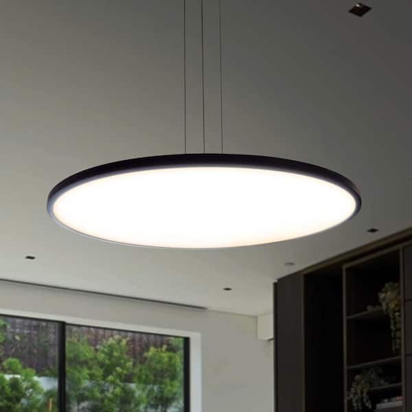 Salm 48.55-Watt ETL Certified Integrated LED Black Height Adjustable Chandelier with 24 in. Wide LED Disk Pendant