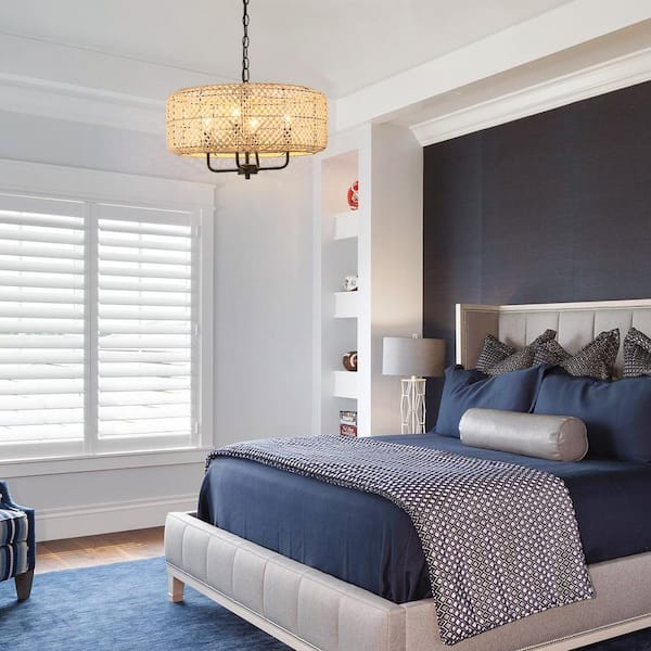 Bungalo 19.7 in. 4-Light Black/Wheat Bohemian Drum Chandelier with Natural Bamboo Shade