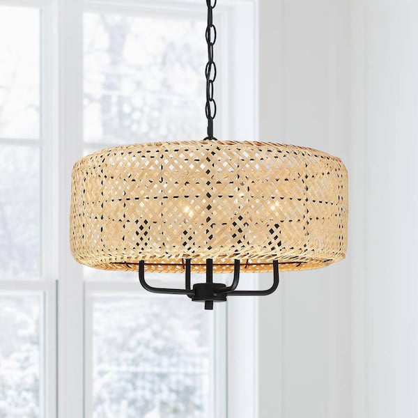 Bungalo 19.7 in. 4-Light Black/Wheat Bohemian Drum Chandelier with Natural Bamboo Shade