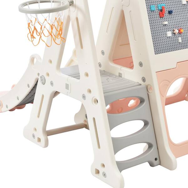 7-In-1 Light Pink HDPE Playset with Tunnel, Climber, Whiteboard, Toy Building Block Baseplates, Basketball Hoop