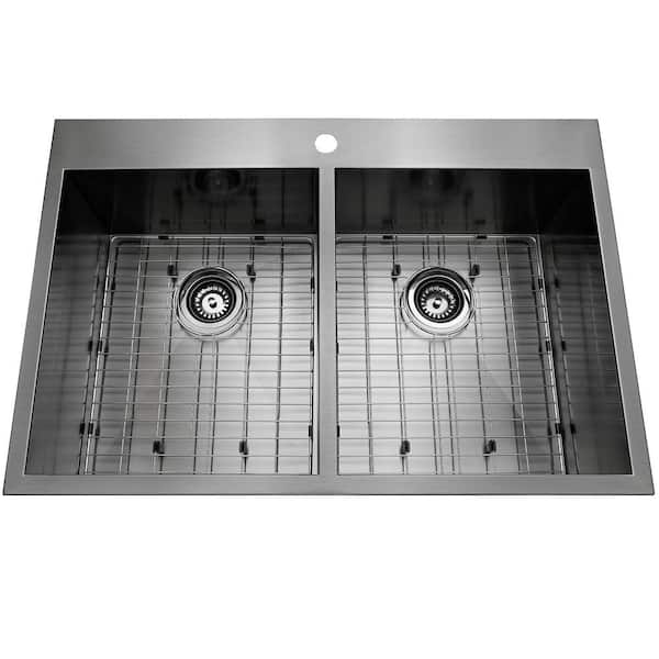 All-in-One Gunmetal Matte Black Finish Stainless Steel 33 in. Double Bowl Drop-In Kitchen Sink with Kitchen Faucet