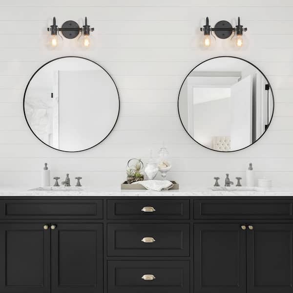 13 in. 2-Light Modern Black Arched Mirror Bathroom Powder Room Vanity Light with Globe Glass Shades