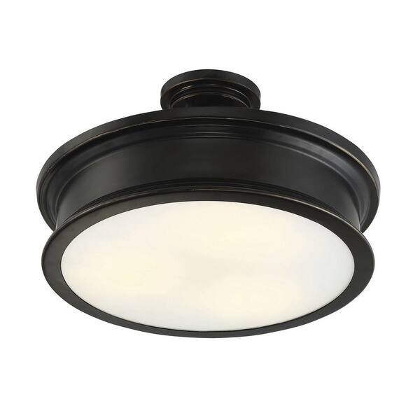 Watkins 16 in. W x 9.25 in. H 3-Light Classic Bronze Semi-Flush Mount Ceiling Light with Opal Glass Shade Cover