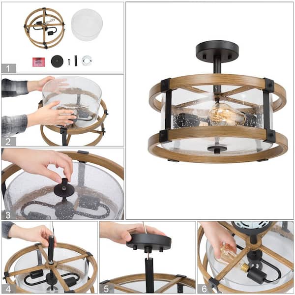 Drum Semi Flush Mount 2-Light Black Modern Bedroom Ceiling Lighting with Round Seedy Glass and Wood Grain Finish